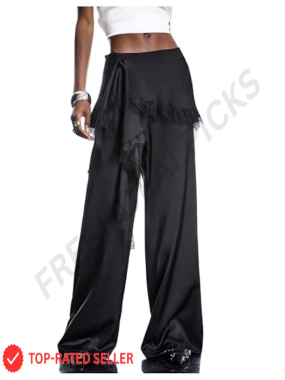 Satin Wide Leg Palazzo Pants Lace Trim Asymmetrical Hem